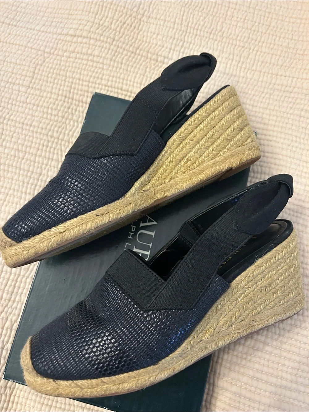 Lauren Ralph Lauren Black- dark navy blue  Knit Espadrille Slingback Wedges